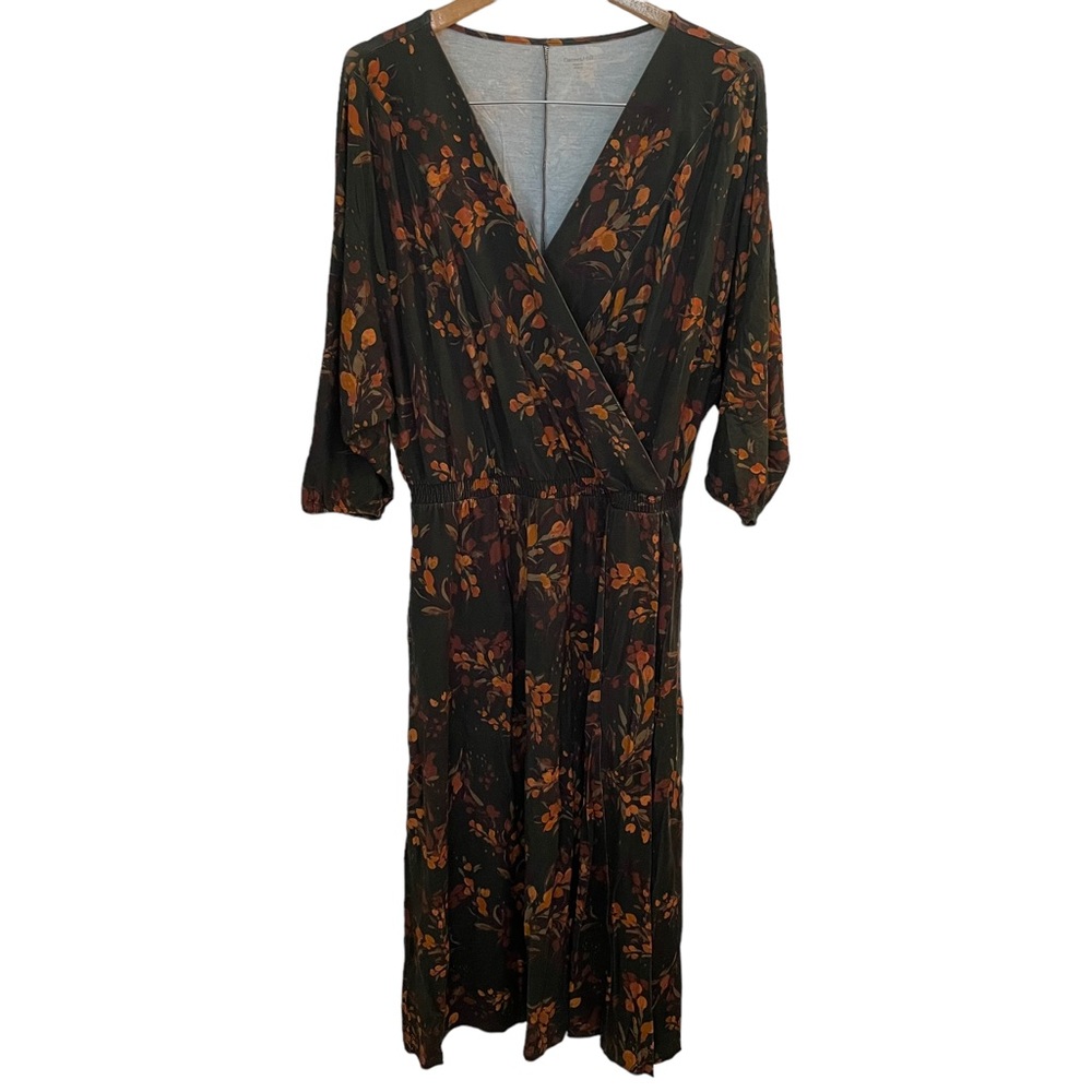 Garnet Hill Women’s Floral Midi V-Neck Dress Faux Wrap Front L